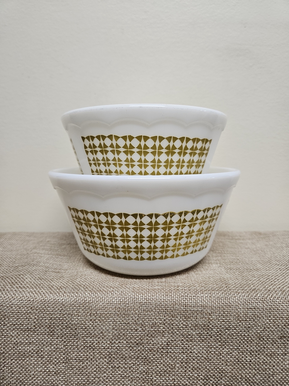 1950's Milk Glass Gold Geometric Serving Bowls With Scalloped Rim